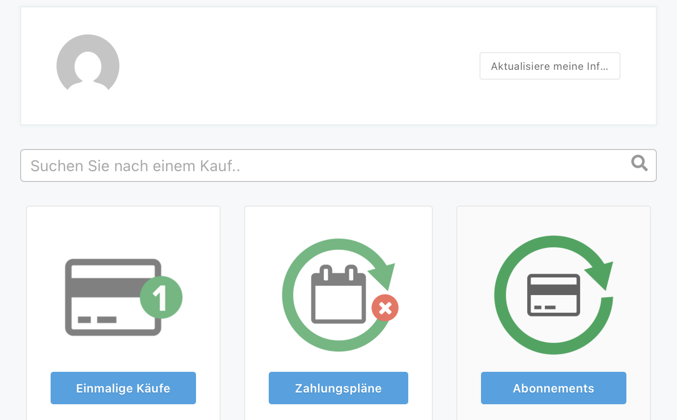 ThriveCart Customer Center mit den Bereichen Einmalige Käufe, Zahlungspläne und Abonnements