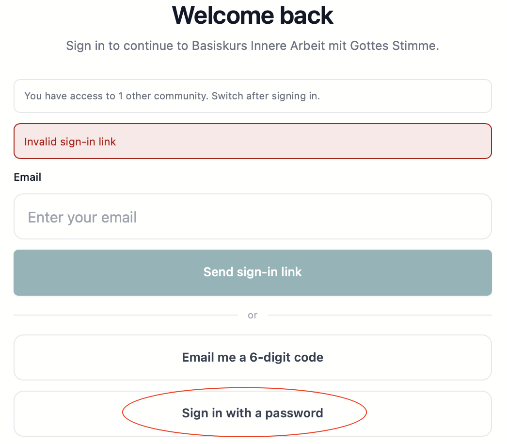 Login-Seite der Lern-Plattform, „Sign in with a password“ ist markiert